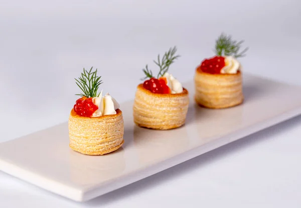 Fotografia Alimentos Entrada Com Caviar Creme Endro Lanche Frutos Mar — Fotografia de Stock