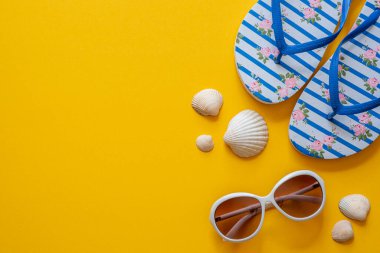 Yaz eşyalarının, gözlüklerin, güneş kreminin, deniz kabuklarının, uyuyanların düz fotoğrafları.