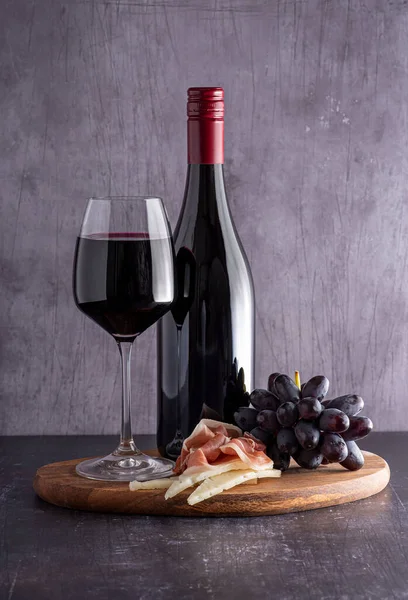Photography Red Wine Glass Old Gray Background Bottle Grapes Cheese — Stock Photo, Image