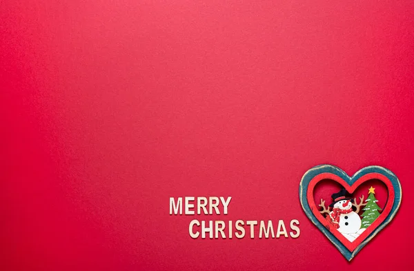 Red Background Photography Inscription Merry Christmas Wooden Heart Snowman Blank — Stock Photo, Image