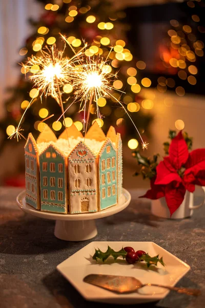 Фото Cgristmas Cake New Year Eve Sprinkle Gingerbread Icing Flame — стоковое фото