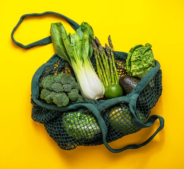 Photography Cotton Bag Green Fresh Vegetables Yellow Background — Stock Photo, Image