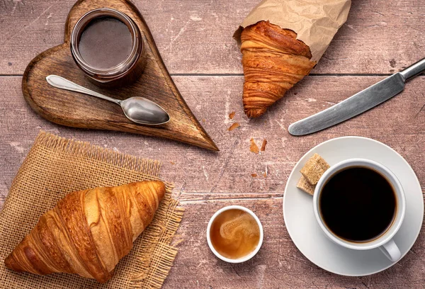 Jídlo Fotografie Croissant Káva Snídaně Čokoládový Krém — Stock fotografie