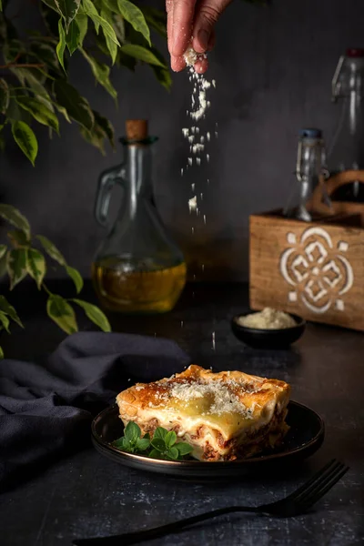 Food Photography Lasagna Cheese Oil Parmesan Oregano — Stock Photo, Image