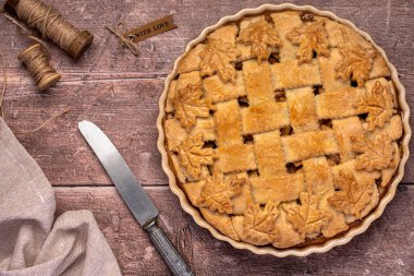 Elmalı turta, pasta, tatlı, bıçak, havlu makro yemek fotoğrafçılığı