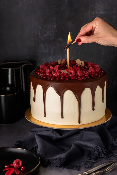 Food Photography Birthday Cake Raspberry Pomegranate Chocolate Cream Candle — Stock Photo, Image