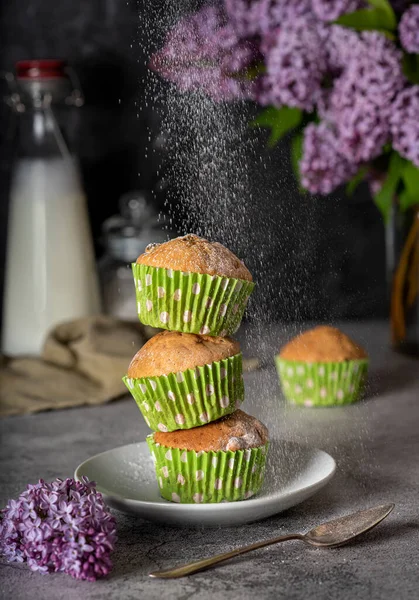 Food Photography Cupcakes Powdered Sugar Milk Lilac Sweet Dessert Bake — Stock Photo, Image