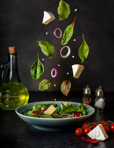 Stock image Food photography of salad, levitation, leaves, cheese, oil, tomatoes