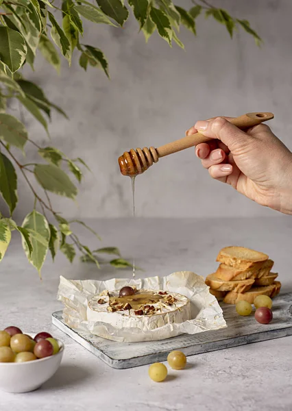 Voedselfotografie Van Geroosterde Camembert Kaas Honing Druiven Toast Bruschetta Pecan — Stockfoto