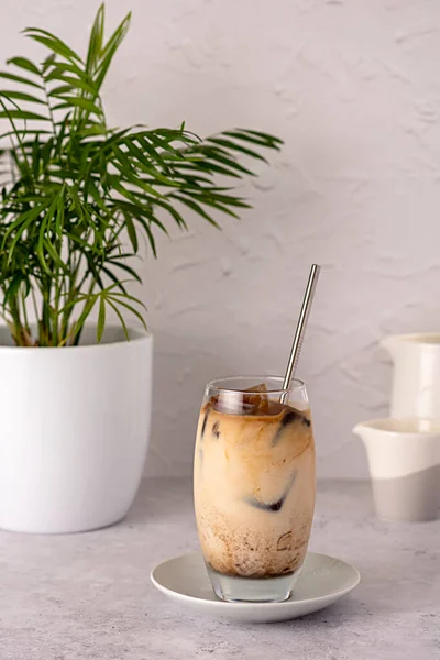Foodfotografie Von Eiskaffee Dessert Vanille Eis Espresso Barista Cafeteria Stroh — Stockfoto