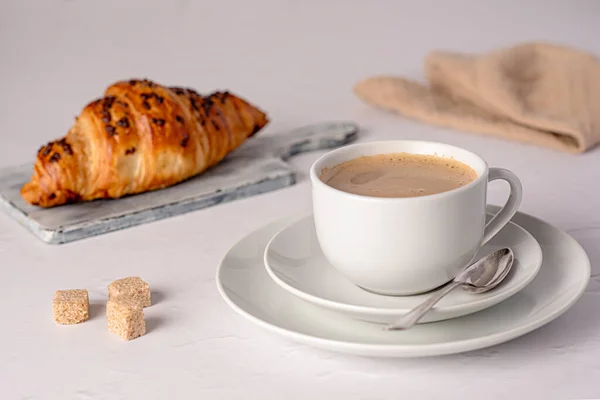 Food Photography Croissant Coffee Cappuccino Breakfast Caffeine Baked Gourmet Eating — Stock Photo, Image