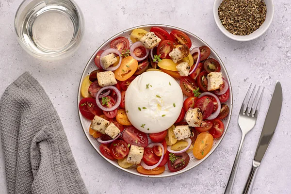 Food Photography Salad Baked Tomato Cheese Burrata Mozzarella White Wine — Stock Photo, Image