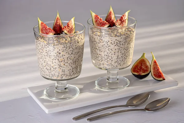Food Photography Oatmeal Oat Chia Seeds Pudding Fig Yogurt Snack — Stock Photo, Image