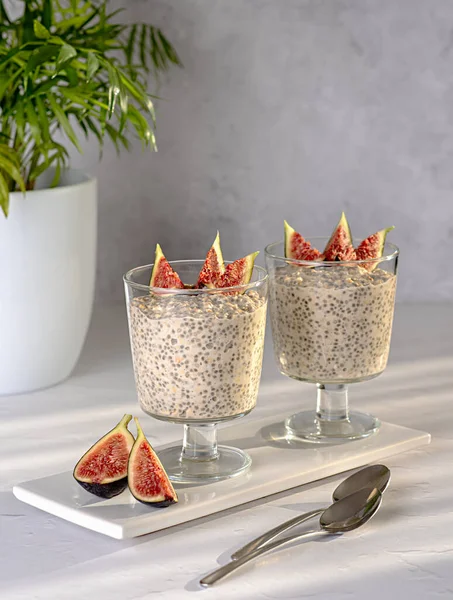 Food Photography Oatmeal Oat Chia Seeds Pudding Fig Yogurt Snack — Stock Photo, Image