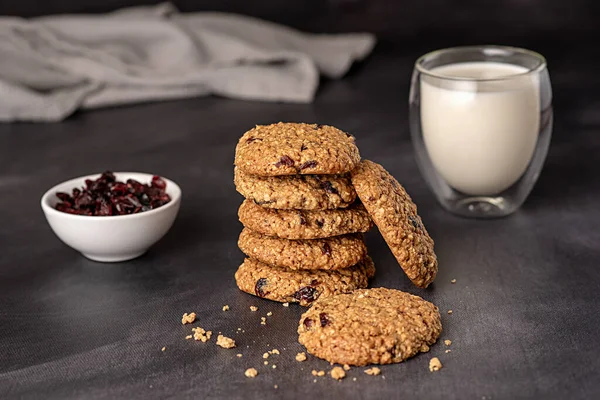 Food photography of oat biscuits with  dried cranberries; milk, oatmeal; cookie; tray, powdered sugar, pastry; cinnamon; sweet; confectionery; dessert; bakery; baking