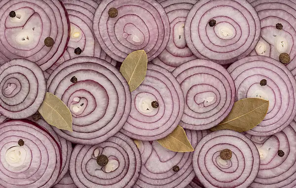 Macro Blank Photography Sliced Red Onion Bay Leaf Pepper Allspice — Stock Photo, Image