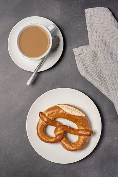 Food Photography Coffee Milk Pretzel Cappuccino Bavarian Brown Bread Shape — Stock Photo, Image