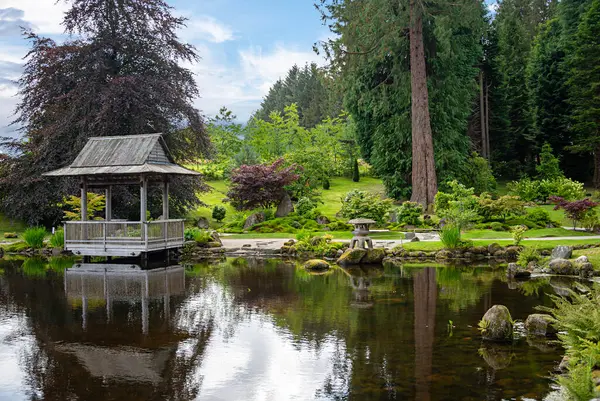 Balkon ve gölet ile Japon tarzı bahçe fotoğrafçılığı, park; pavyon, taş; su; çim; çalı;