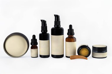 Cilt bakımı, krem, serum, nemlendirici, vücut taşı, temizleyici yağ, vücut yağı, koenzim q10, naturopati, homeopatik için organik kozmetik setinin boş fotoğrafları
