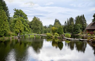 Japon tarzı bahçenin peyzaj fotoğrafı, park, yaya köprüsü ve zambaklı gölet, ahşap yol, su yansıması, çalılar, ağaçlar, dolar, İskoçya