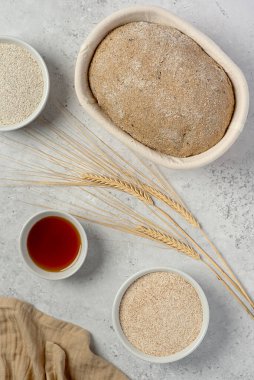 Food photography of whole grain rye and wheat sourdough bread, fermented raw dough, caraway seed, malt, grain, nutritional clipart