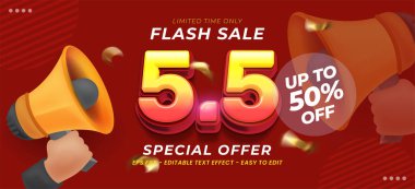 Vektör pankartı tanıtımı 3 boyutlu sayı ve megafonla 5 flash satış tasarımı