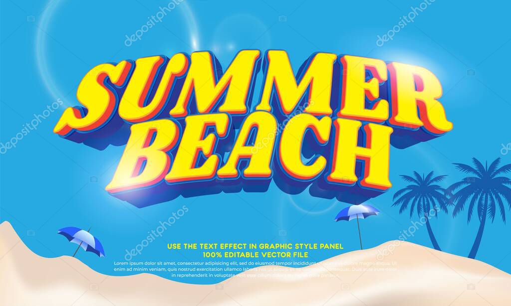 Summer beach with editable vector 3d text effect