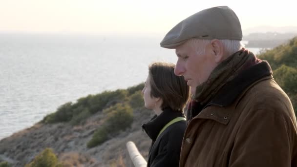 Büyükbabam Torunu Okyanusa Bakarken Gözlem Güvertesinde Dikiliyor Aile Birlikte Dışarıda — Stok video