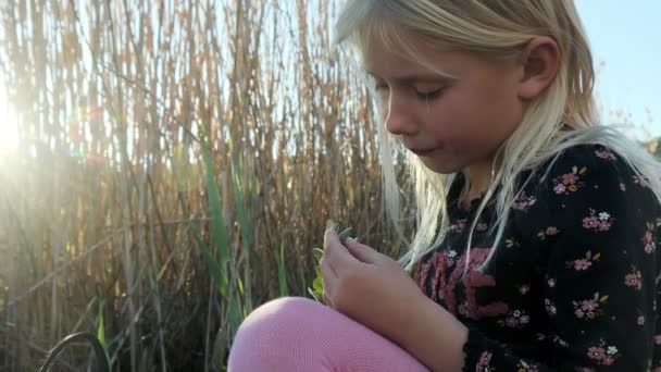 Biała Dziewczyna Smakuje Liśćmi Mięty Zewnątrz Dziecko Lubi Spacery Parku — Wideo stockowe