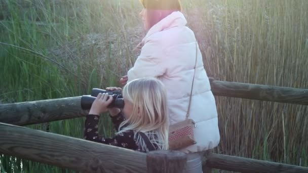 Fille Blonde Regardant Travers Les Jumelles Debout Dans Les Roseaux — Video