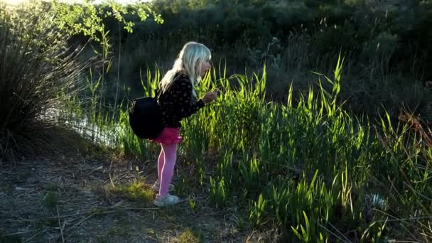 Fille Caucasienne Goûte Nourriture Végétalienne Près Rivière Dans Parc Naturel — Video
