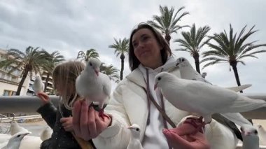 Sevgi dolu anne ve kız, beyaz güvercinleri beslerken, arka planda palmiye ağaçları ve teknelerle birlikte deniz kenarında yürüyüş yaparken mutlu bir anı paylaşıyorlar. Düşük açı görünümü