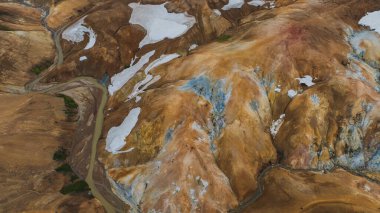İzlanda 'daki Kerlingarfjoll dağlarının hava görüntüsünde turuncu ve kahverengi rhyolite tepeleri, kar bantları, mineral yatakları ve dolambaçlı bir nehir yer alıyor..