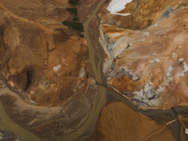 İzlanda 'daki Kerlingarfjoll' da turuncu ve kahverengi rhyolite dağları, ahşap köprüler, kar bantları ve görünür buhar bacaları ile dolambaçlı bir nehir bulunur..