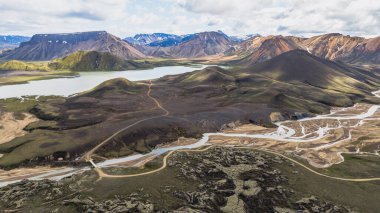 Landmannalaugar, İzlanda 'nın havadan görünüşü, renkli rhyolite dağları, örgülü bir nehir, dingin bir göl ve uzak kar bantları içerir..