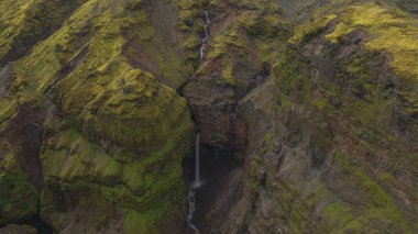 Dar bir şelalenin dramatik hava manzarası gölgeli bir yarığa dökülüyor. Etrafı yosun kaplı uçurumlar ve İzlanda 'daki kızıl kahverengi kayalarla çevrili..