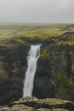 Dar bir şelale yosunlu kayalarla çevrili derin bir kanyona ve İzlanda 'da bulutlu, sisli bir gökyüzünün altında çorak bir yaylaya dalıyor..