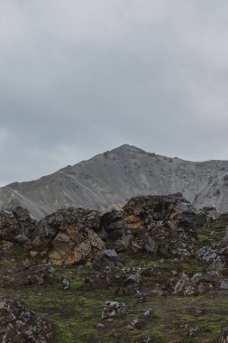 Karanlık volkanik kayalar yosunlara saçılmış gri, eğimli bir dağ bulutlu bir gökyüzünün altında İzlanda 'nın ham arazisini sergiliyor..
