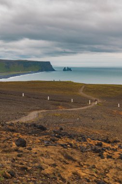 Reynisdrangar 'ın deniz yığınları Vik i Myrdal yakınlarında ve güney kıyısında bulutlu bir gökyüzü ile birlikte kayalık arazide okyanusa doğru esiyor..