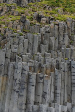 Kayaların arasında yeşil bitki örtüsünün büyüdüğü gri ve siyah tonlarda altıgen bazalt sütunlar İzlanda 'nın volkanik jeolojisini gözler önüne seriyor..