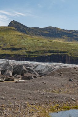 Gri ve beyaz çizgileri ve görünür yarıkları olan bir buzul kayalık bir ön planda, yosun kaplı bir dağ ve açık mavi bir gökyüzü ile uzanır..