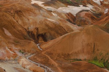 Turuncu, kırmızı ve kahverengi rhyolite tepeleri İzlanda 'nın Kerlingarfjoll' unda, kıvrımlı bir akarsu, jeotermal buhar, kar bantları ve bir yürüyüş yolu ile.