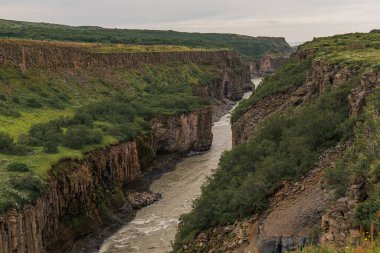 İzlanda 'daki engebeli bir kanyonda dik yeşil kayalıklar, bazalt oluşumlar ve bulutlu bir gökyüzünün altında akan bir nehir bulunur..