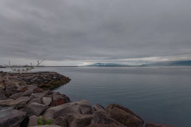 Güneş Voyager heykeli İzlanda 'nın kayalık bir kıyı şeridinde duruyor. Sakin suları, alçak uzanan dağları ve bulutlu gökyüzü sakin bir manzara yaratıyor..