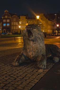 Sıcak sokak lambalarının altındaki kaldırım taşları üzerinde bronz bir aslan heykeli. Arka planda renkli cepheler var. Gdansk 'ın mimarisini yansıtıyor..
