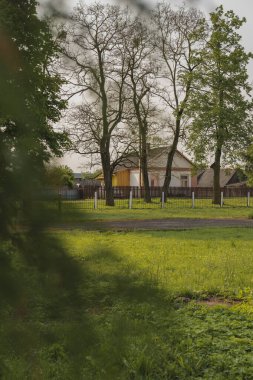 Kırsal bir Belarus evi. Açık renkli duvarları ve eğimli çatısı var. Çerçevesi uzun ağaçlar ve ahşap çitlerle çevrili..