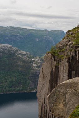 Uçsuz bucaksız kaya yüzeyi ve Lysefjord 'a tepeden bakan yeşil bitki örtüsü, bulutlu bir gökyüzünün altında orman dağlarıyla çevrili..
