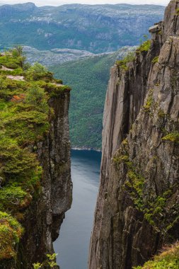 Preikestolen 'in sarp kayalıklarının manzarası ve Lysefjord' daki yemyeşil ve engebeli kaya oluşumlarıyla çevrili mavi bir fiyorda inen dar bir vadi..
