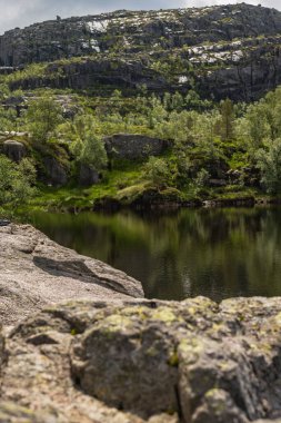 Sakin bir su kütlesi yosun kaplı kayaları, dağınık ağaçları ve Norveç 'in Lysebotn yakınlarında karla kaplı engebeli bir yamacı yansıtır..