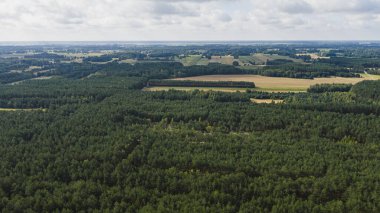 Yoğun yeşil ormanlar ve Nowy Lubiel yakınlarında açık tarım arazileri yukarıdan ele geçirildi. Kırsal yapılar, parçalı bulutlu bir gökyüzünün altındaki düz araziyi noktalıyor..